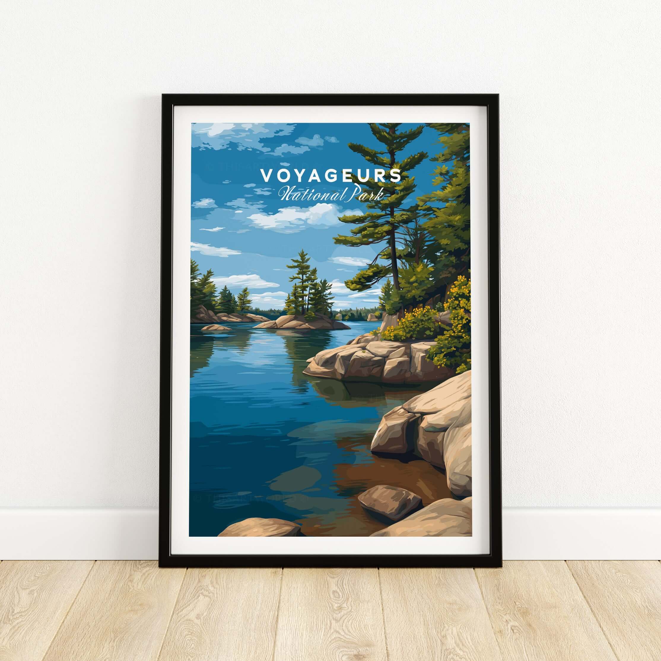 Voyageurs Poster | Nature Landscape Wall Art Print showcasing tranquil waters and lush greenery in a beautiful frame.