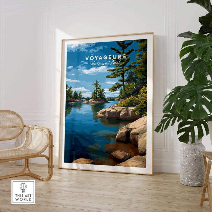 Voyageurs Poster | Nature Landscape Wall Art Print framed in a modern room with greenery and serene water backdrop.