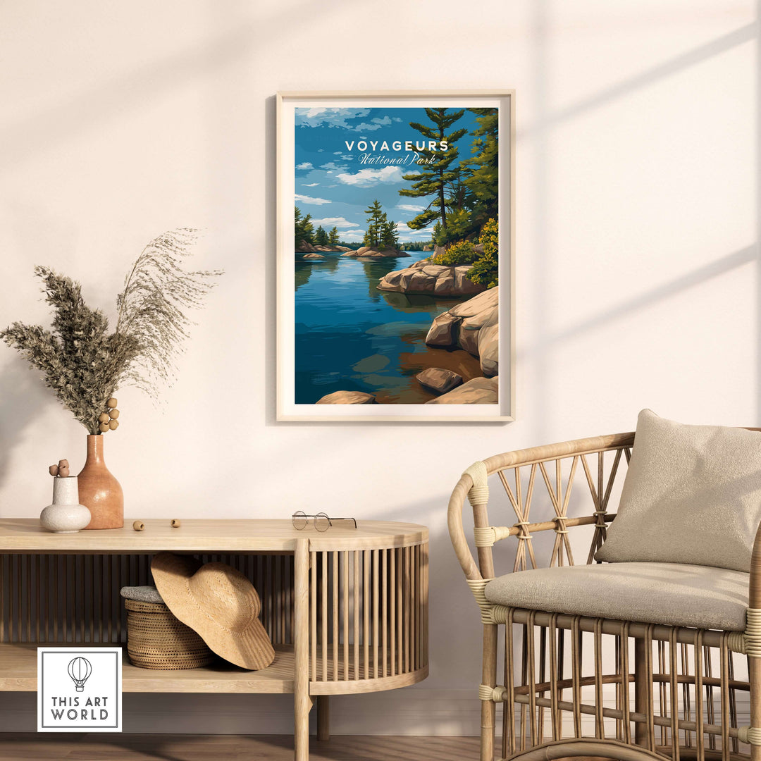 Voyageurs Poster | Nature Landscape Wall Art Print showcasing tranquil waters and lush greenery in a cozy setting.