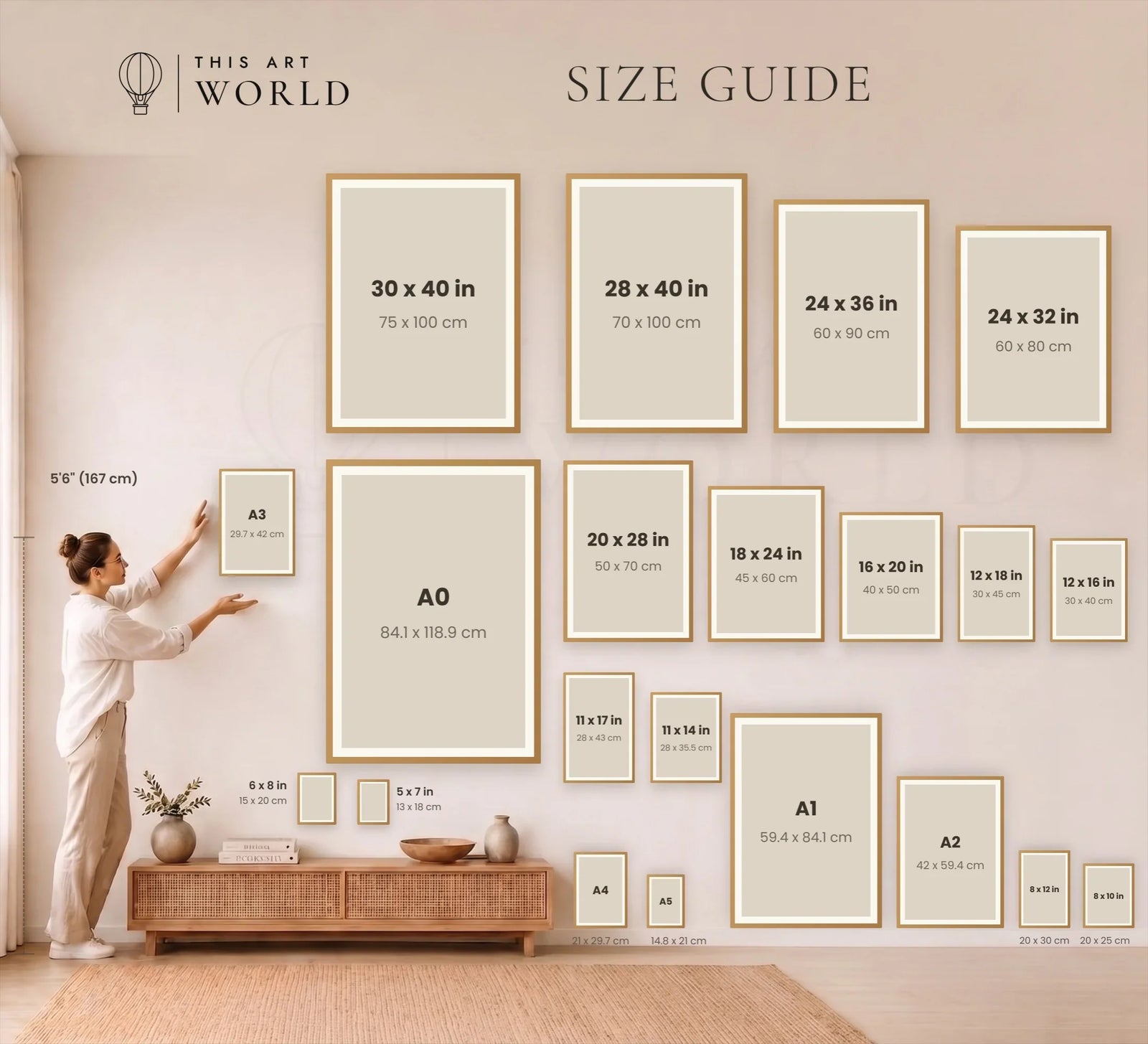 Wall art size guide showing print and frame dimensions