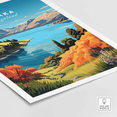 Stunning Wanaka travel print showcasing vibrant landscapes of New Zealand's mountains and lakes, perfect for adventure lovers.