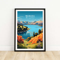 Wanaka travel print featuring New Zealand's stunning landscapes, capturing vibrant colors and scenic beauty.