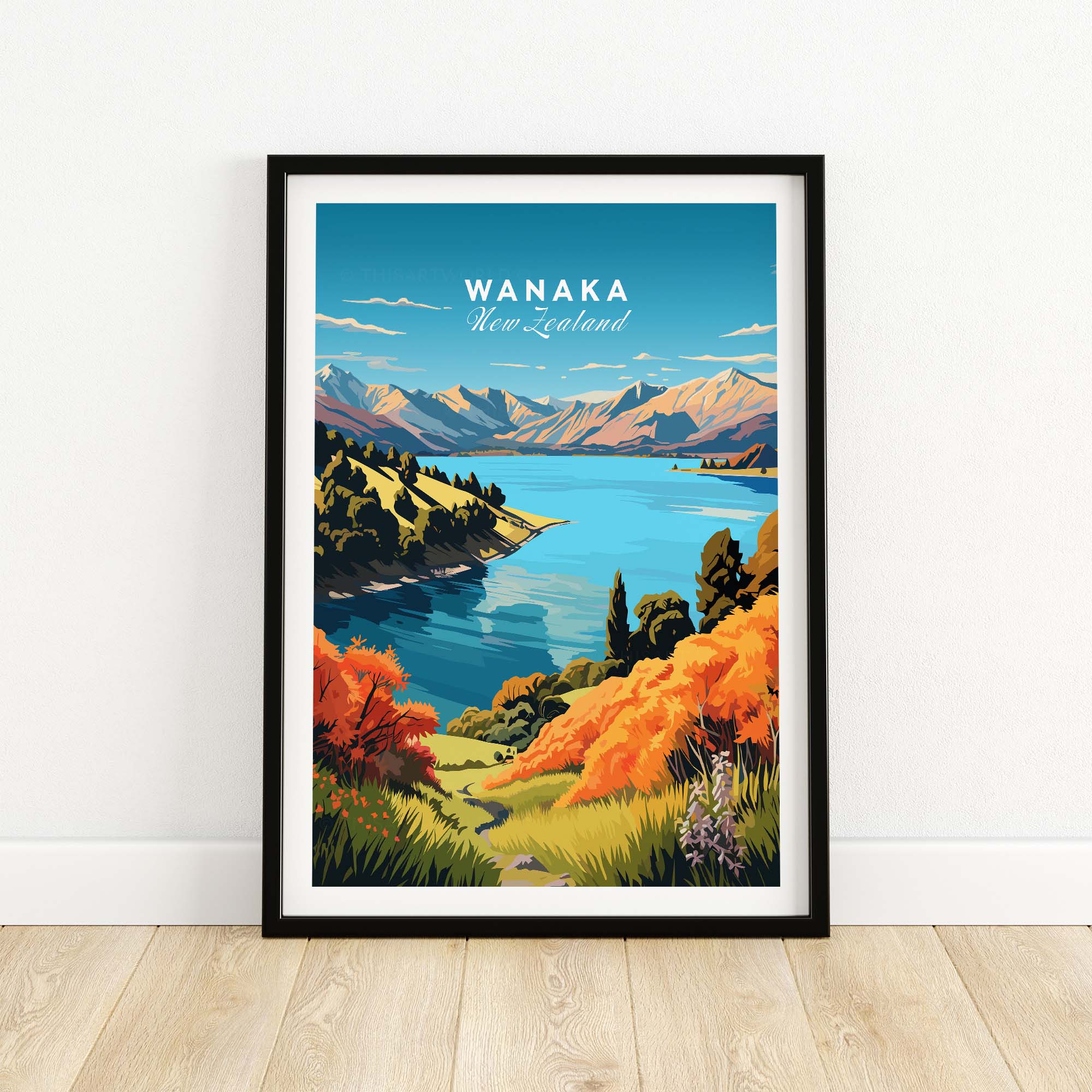 Wanaka travel print featuring New Zealand's stunning landscapes, capturing vibrant colors and scenic beauty.
