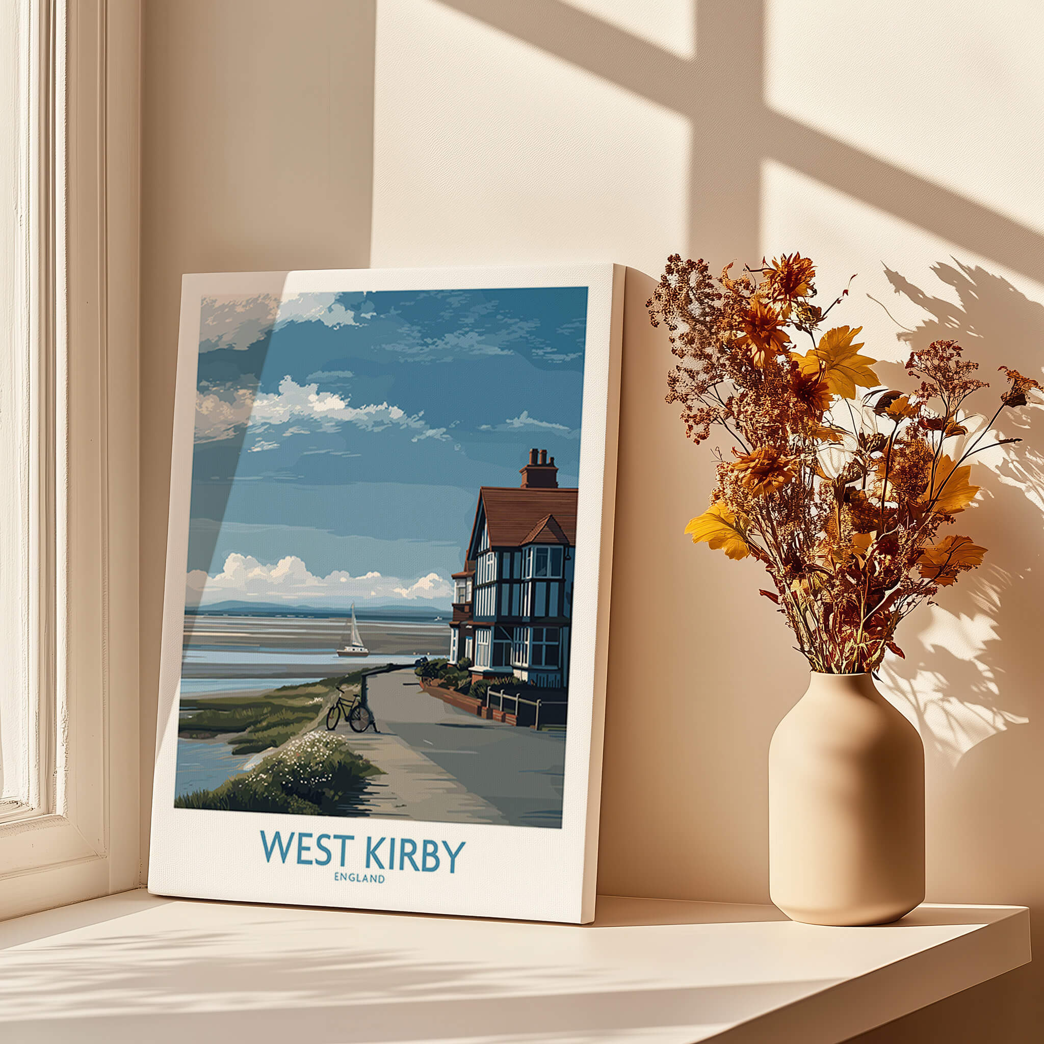 West Kirby Canvas Art Print featuring a serene coastal scene with a sailboat and charming architecture.