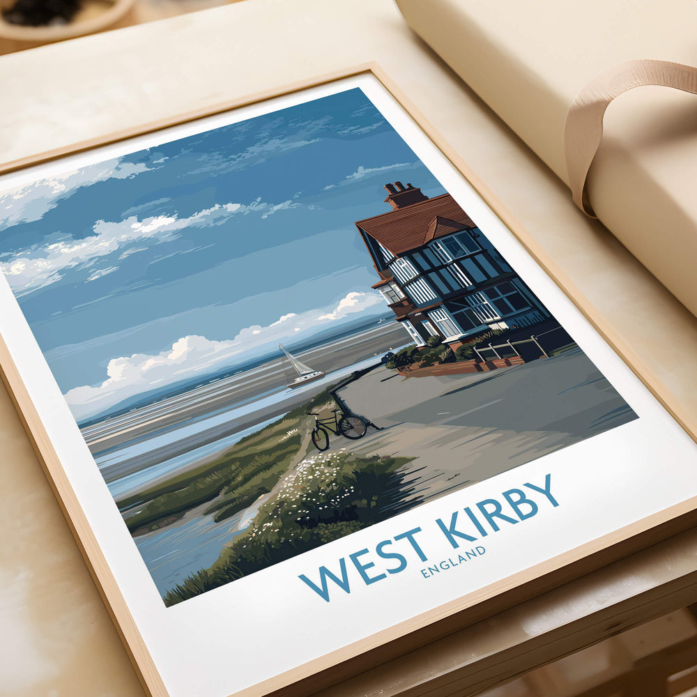 West Kirby Canvas Art Print featuring a coastal scene with a house and bike in West Kirby, England.