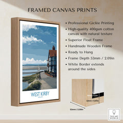 Framed West Kirby Canvas Art Print showcasing serene coastal scenery with elegant wooden frame, ready to hang.