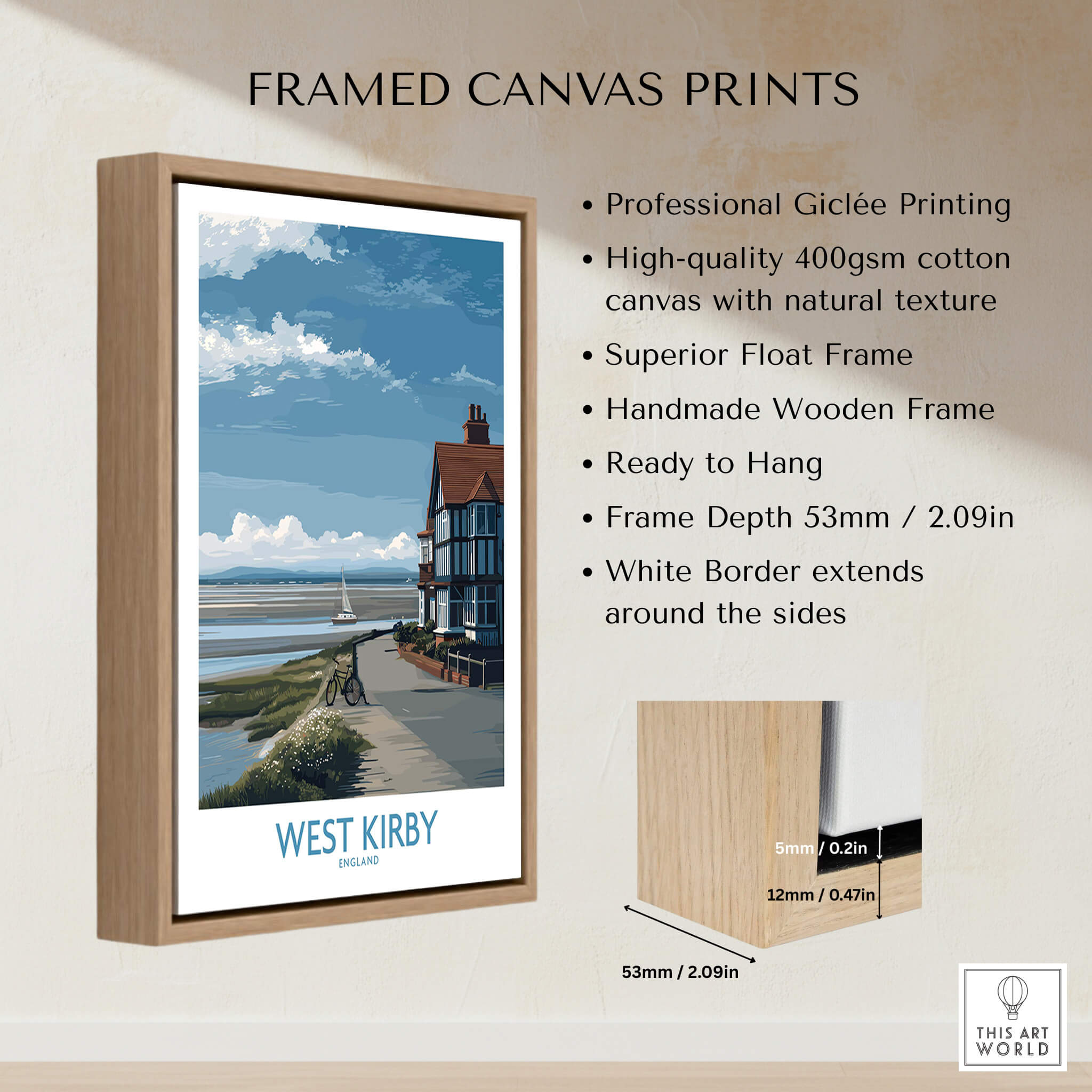 Framed West Kirby Canvas Art Print showcasing serene coastal scenery with elegant wooden frame, ready to hang.
