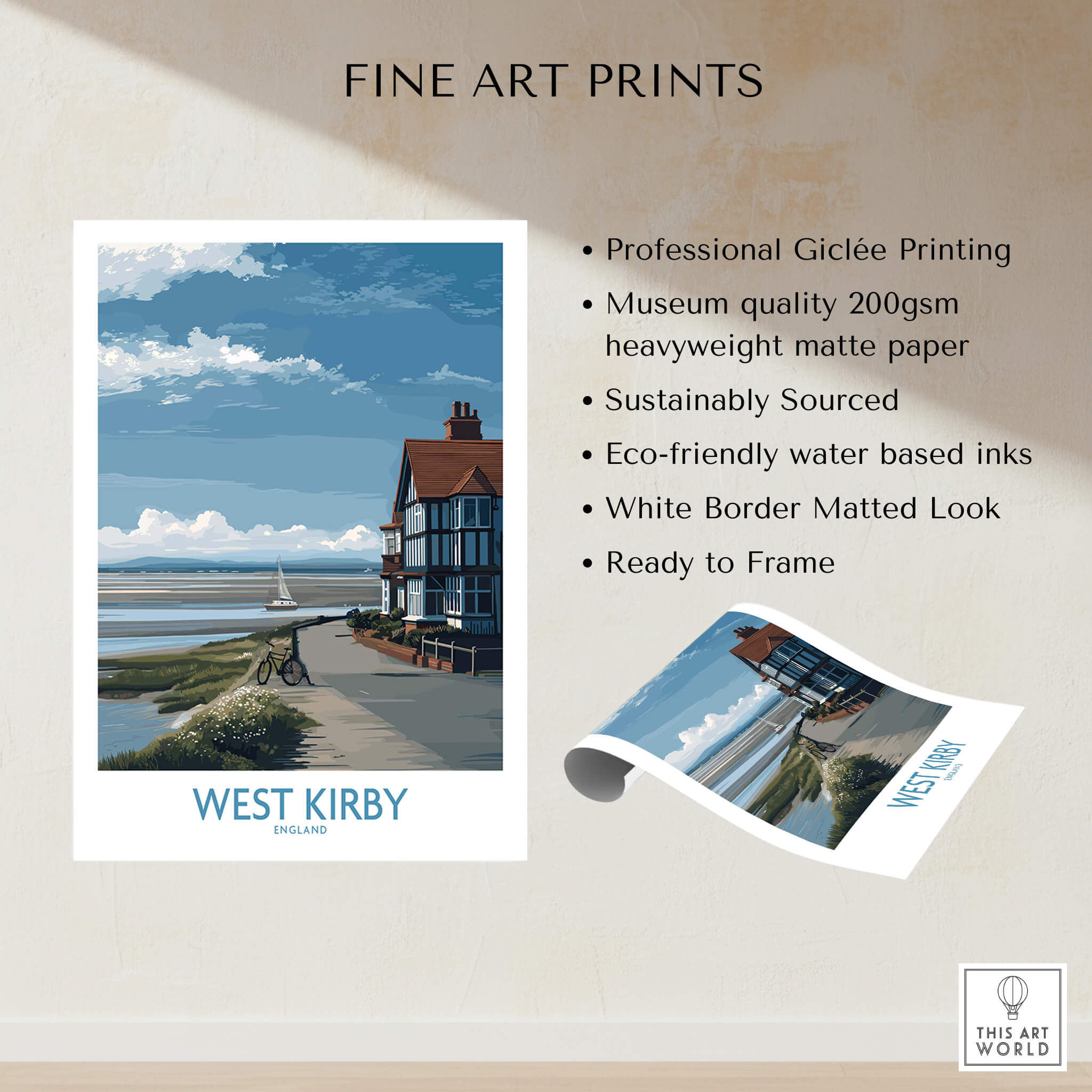 West Kirby Canvas Art Print showcasing professional Giclée printing on heavy matte paper with a coastal scene.