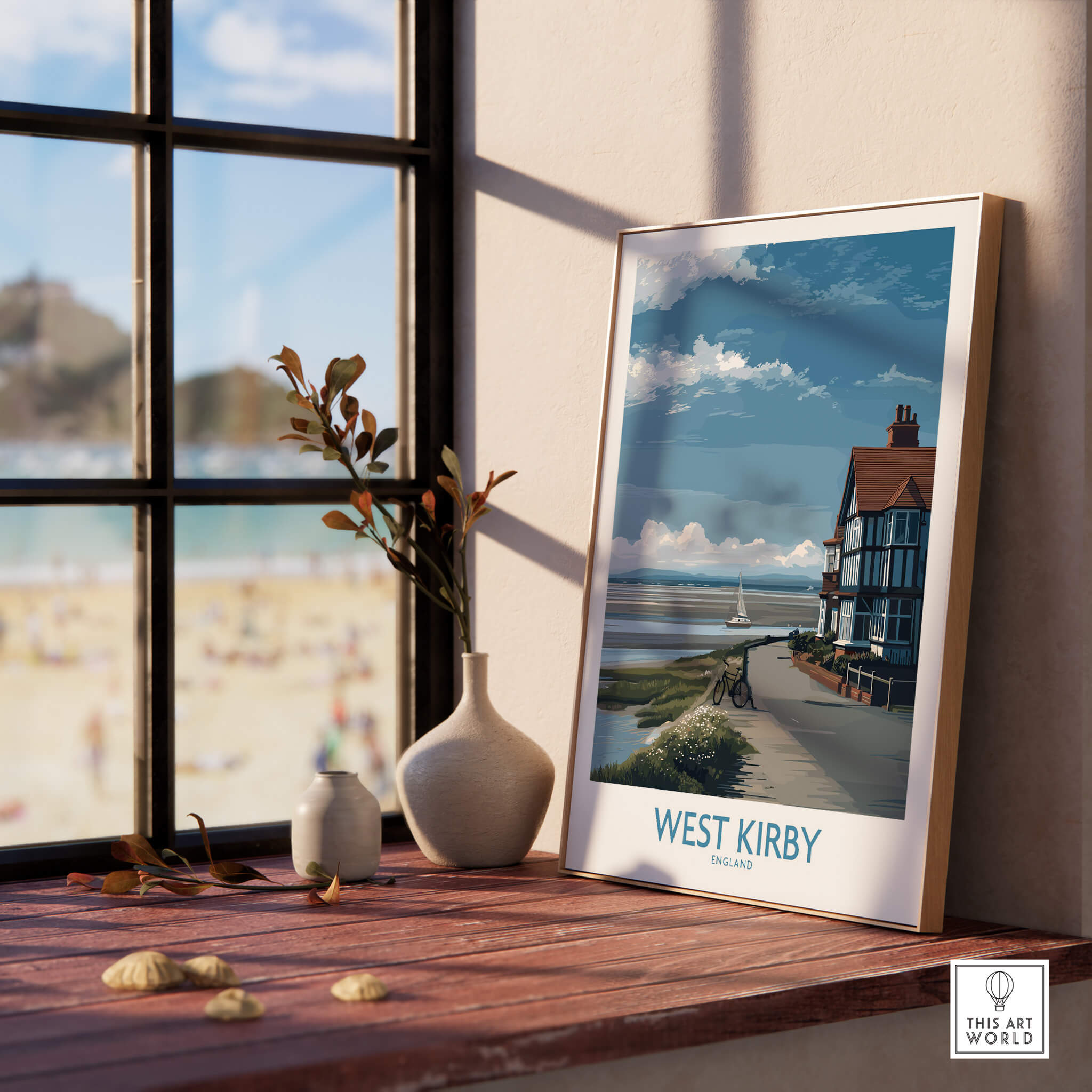 West Kirby Canvas Art Print showcasing serene coastal scenery and charming architecture in a beachside setting.