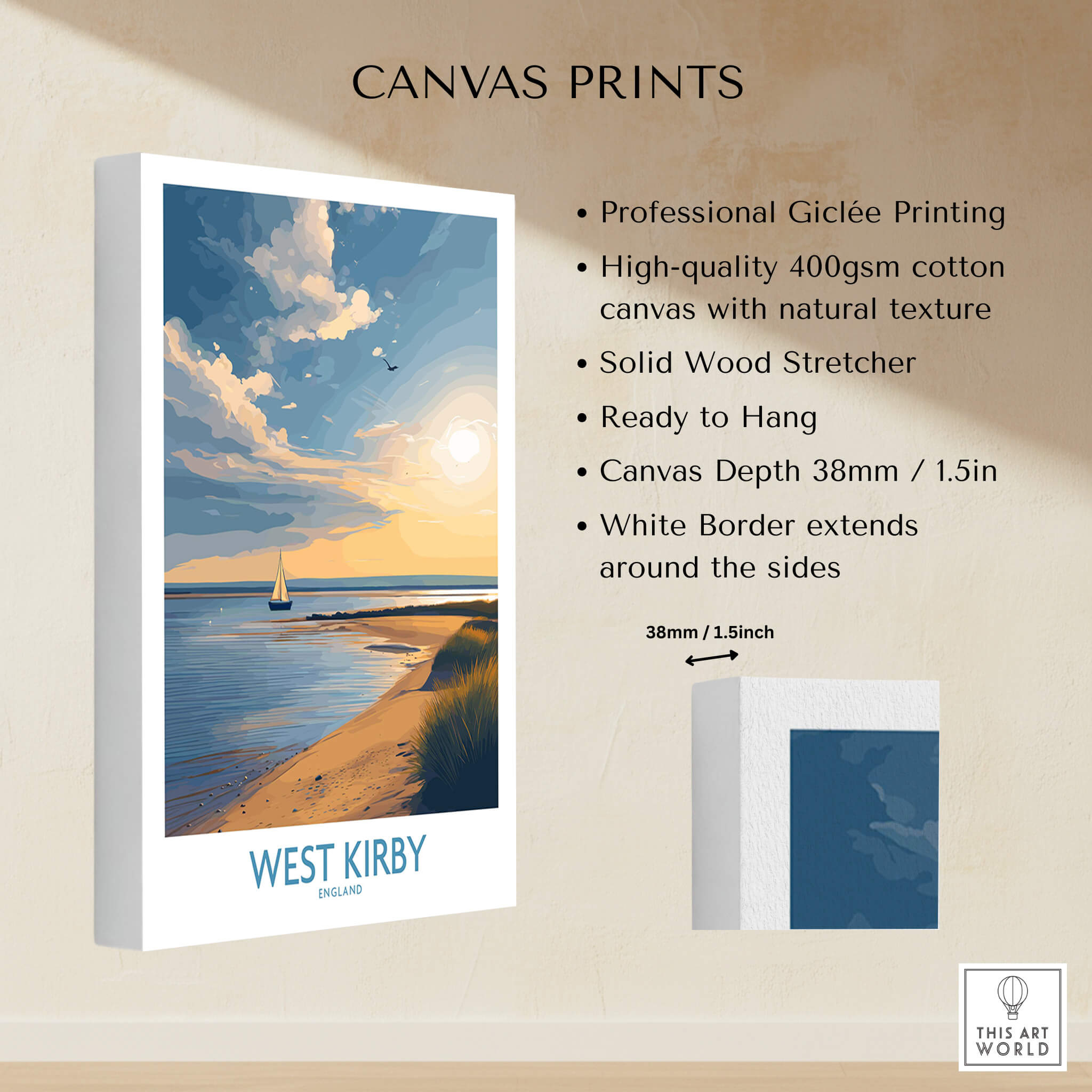 West Kirby England Canvas Print | Serene Coastline Sailboat Scene Poster showcasing professional Giclée printing quality.
