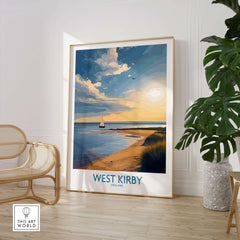 West Kirby England Canvas Print | Serene Coastline Sailboat Scene Poster showcasing a sailboat at sunset.