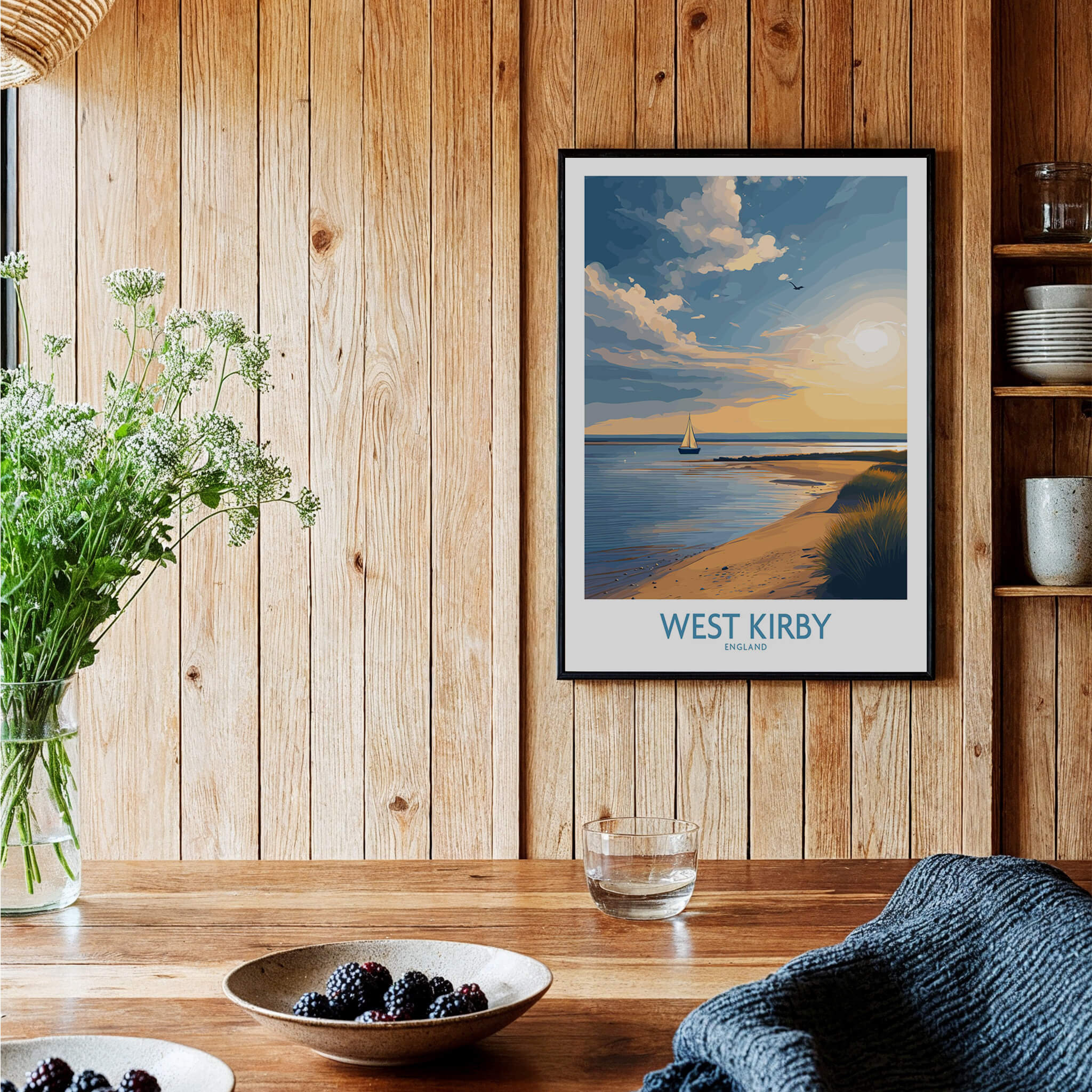 West Kirby England Canvas Print | Serene Coastline Sailboat Scene Poster displayed in a rustic home setting.