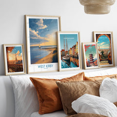 West Kirby England Canvas Print | Serene Coastline Sailboat Scene Poster displayed among framed travel posters.