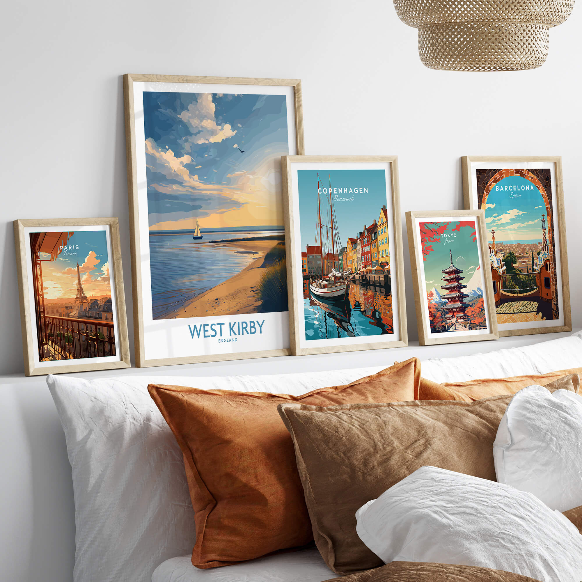 West Kirby England Canvas Print | Serene Coastline Sailboat Scene Poster displayed among framed travel posters.