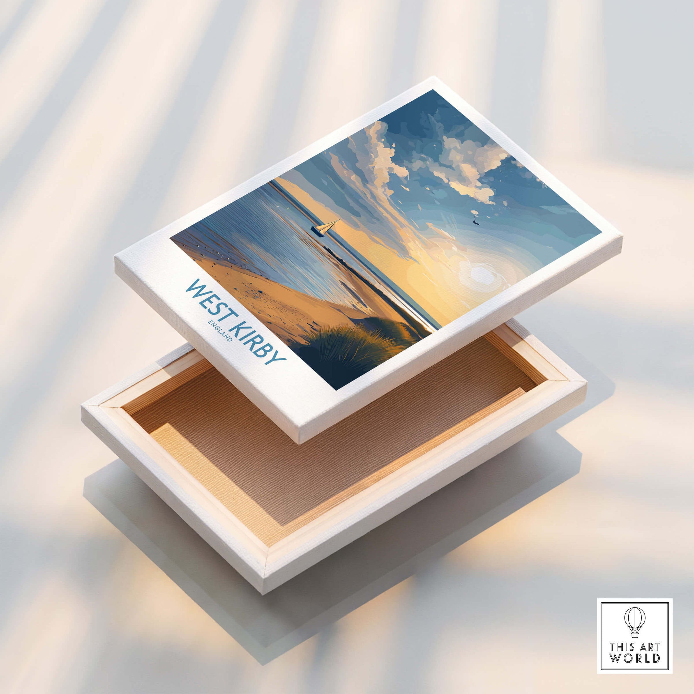 West Kirby England Canvas Print | Serene Coastline Sailboat Scene Poster displayed on a wooden box with lid open.