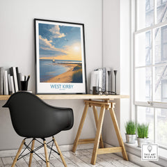 West Kirby England Canvas Print | Serene Coastline Sailboat Scene Poster displayed in cozy workspace with natural light.