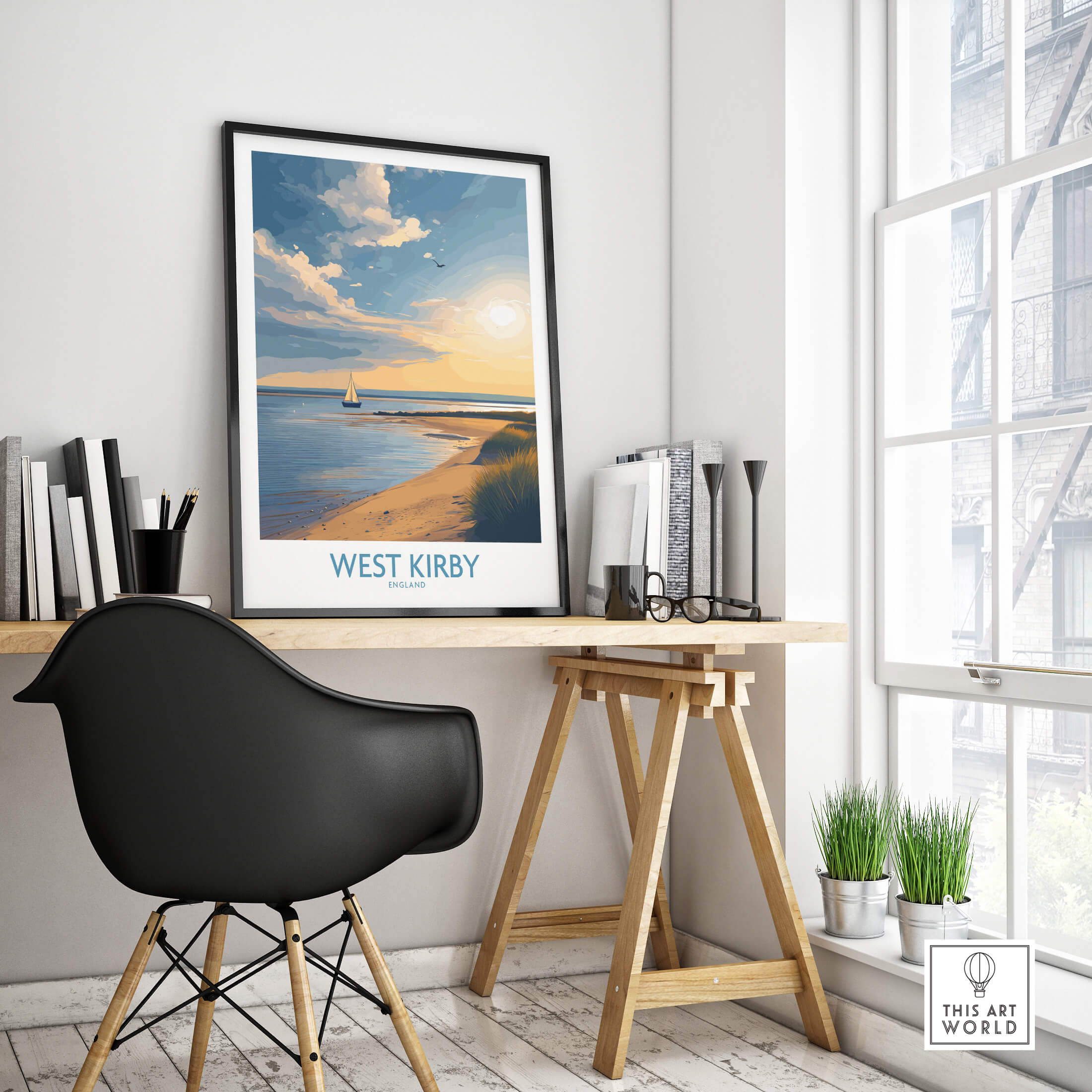 West Kirby England Canvas Print | Serene Coastline Sailboat Scene Poster displayed in cozy workspace with natural light.