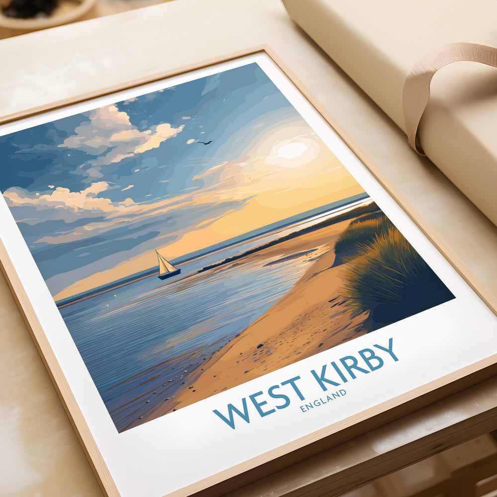 West Kirby England Canvas Print | Serene Coastline Sailboat Scene Poster featured with tranquil beach and sailboat.