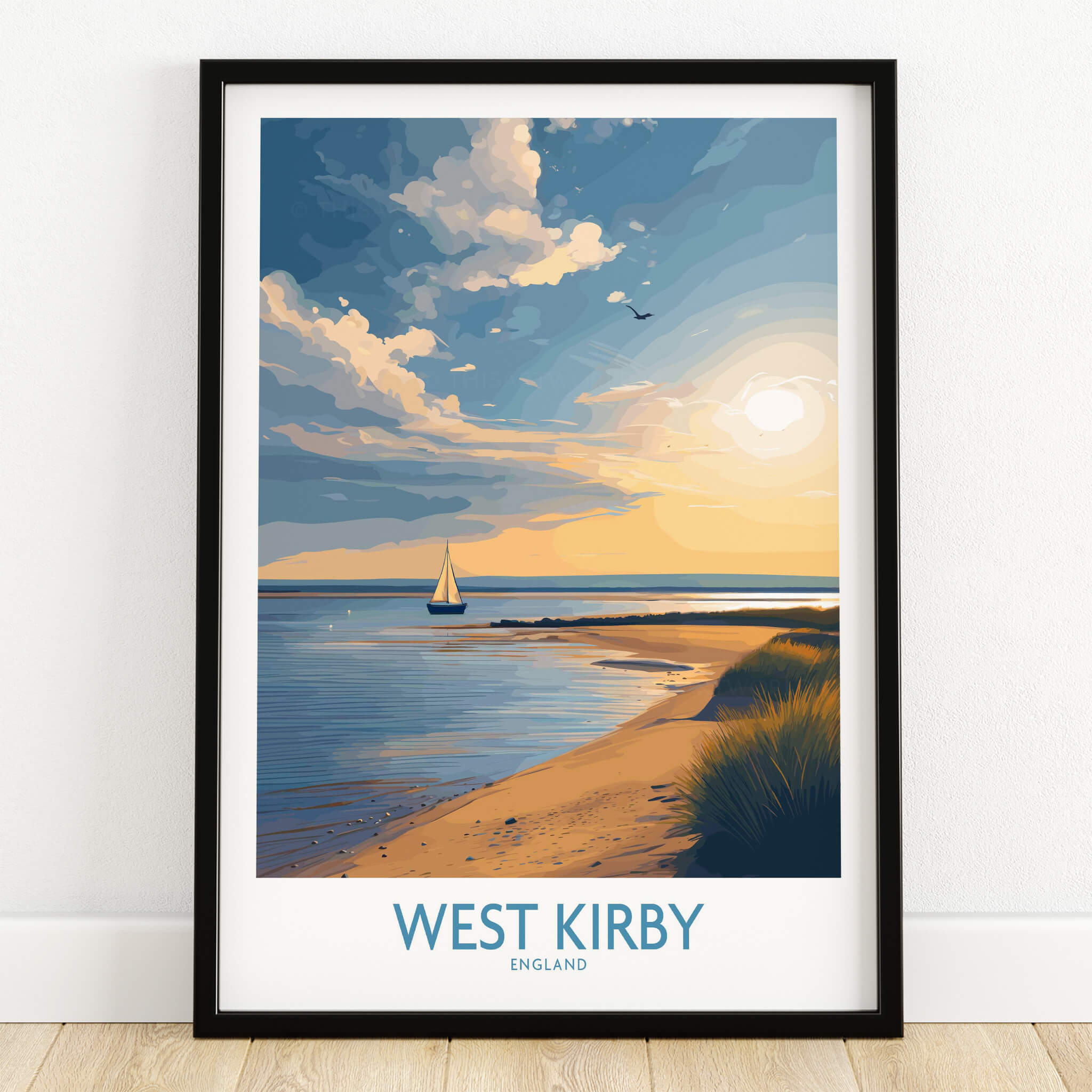 West Kirby England Canvas Print | Serene Coastline Sailboat Scene Poster showcasing a sailboat on tranquil waters.