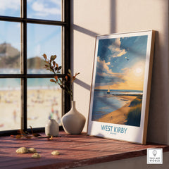 West Kirby England Canvas Print | Serene Coastline Sailboat Scene Poster displayed in a cozy interior setting.