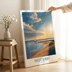 West Kirby England Canvas Print | Serene Coastline Sailboat Scene Poster displayed in a cozy indoor setting.