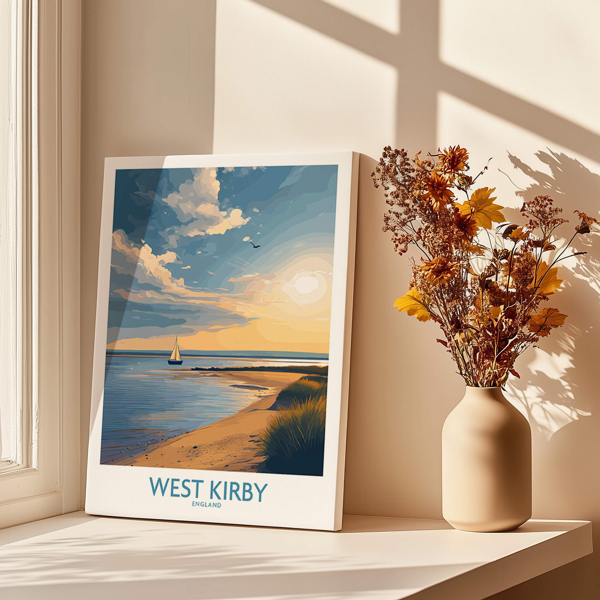 West Kirby England Canvas Print | Serene Coastline Sailboat Scene Poster displayed with sunlit flowers.