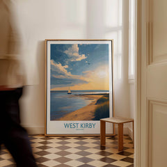 West Kirby England Canvas Print | Serene Coastline Sailboat Scene Poster displayed in a stylish interior setting.