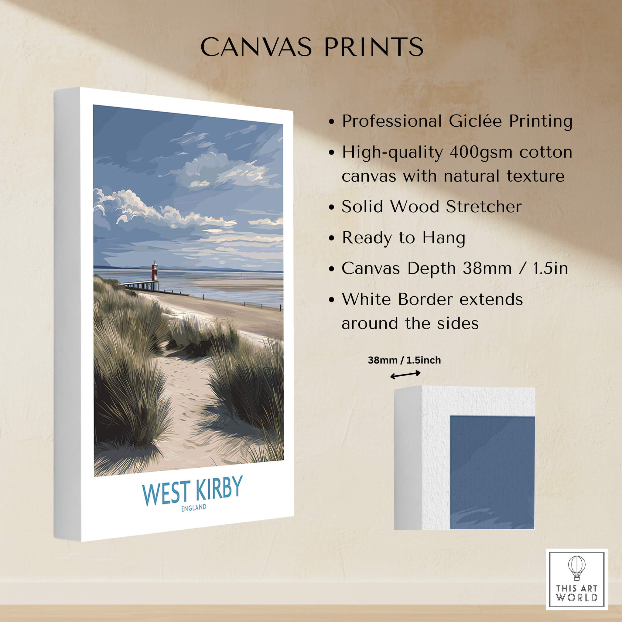 West Kirby England Poster | Coastal Sand Dunes Landscape Canvas Print showcasing vibrant coastal scenery with detailed product information.