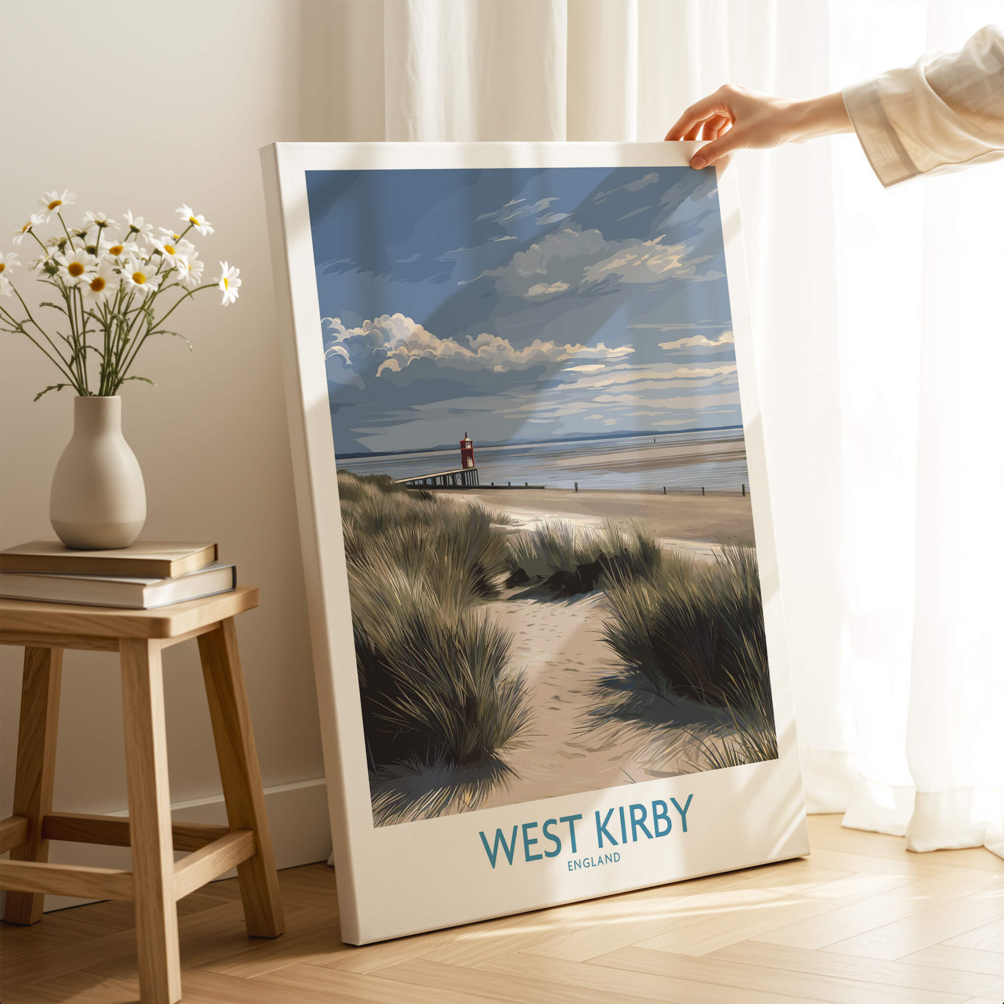 West Kirby England Poster | Coastal Sand Dunes Landscape Canvas Print displayed in a cozy room with natural light.