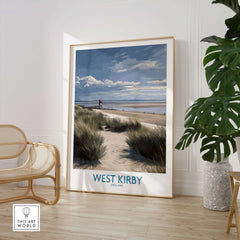 West Kirby England Poster | Coastal Sand Dunes Landscape Canvas Print displayed in a modern interior setting.