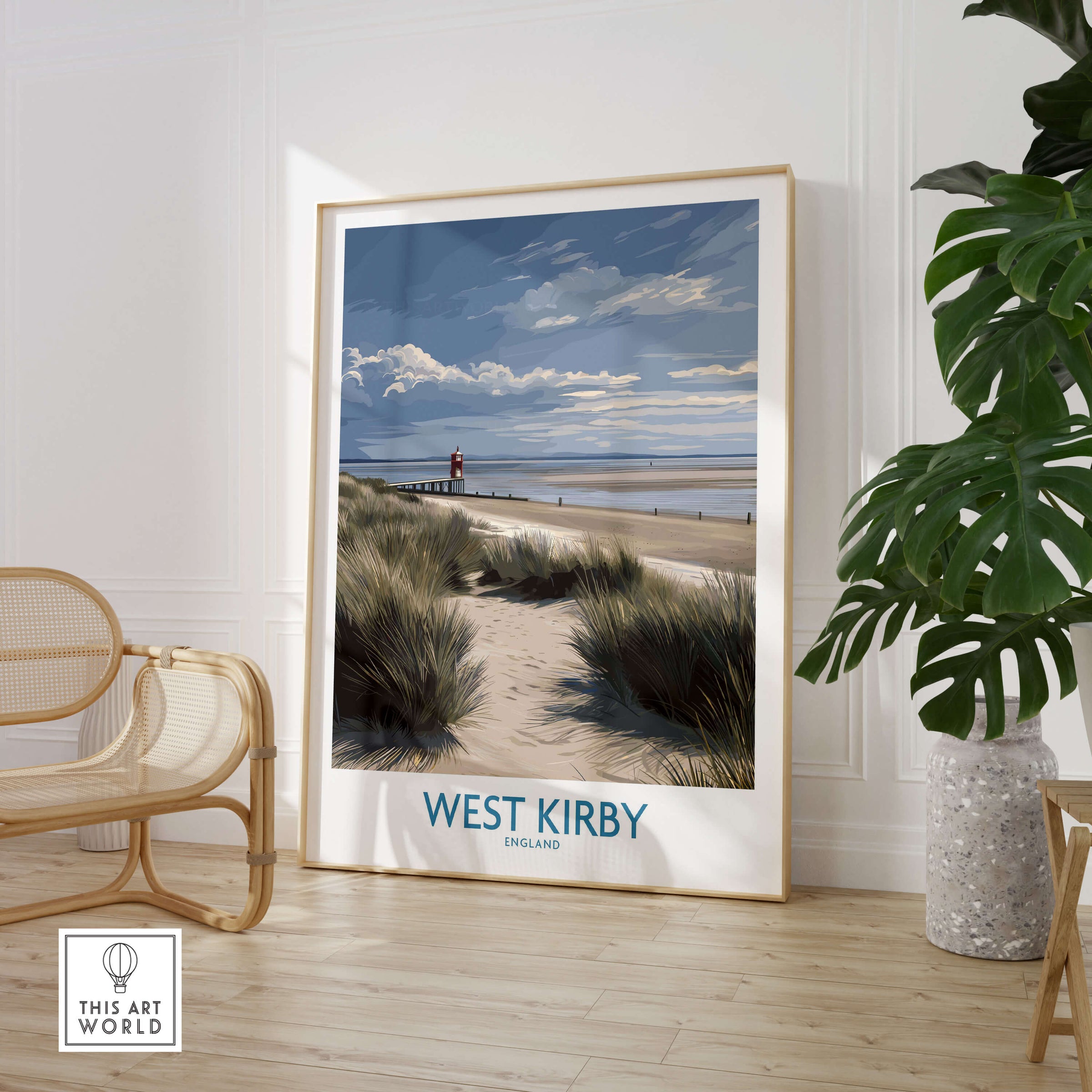 West Kirby England Poster | Coastal Sand Dunes Landscape Canvas Print displayed in a modern interior setting.