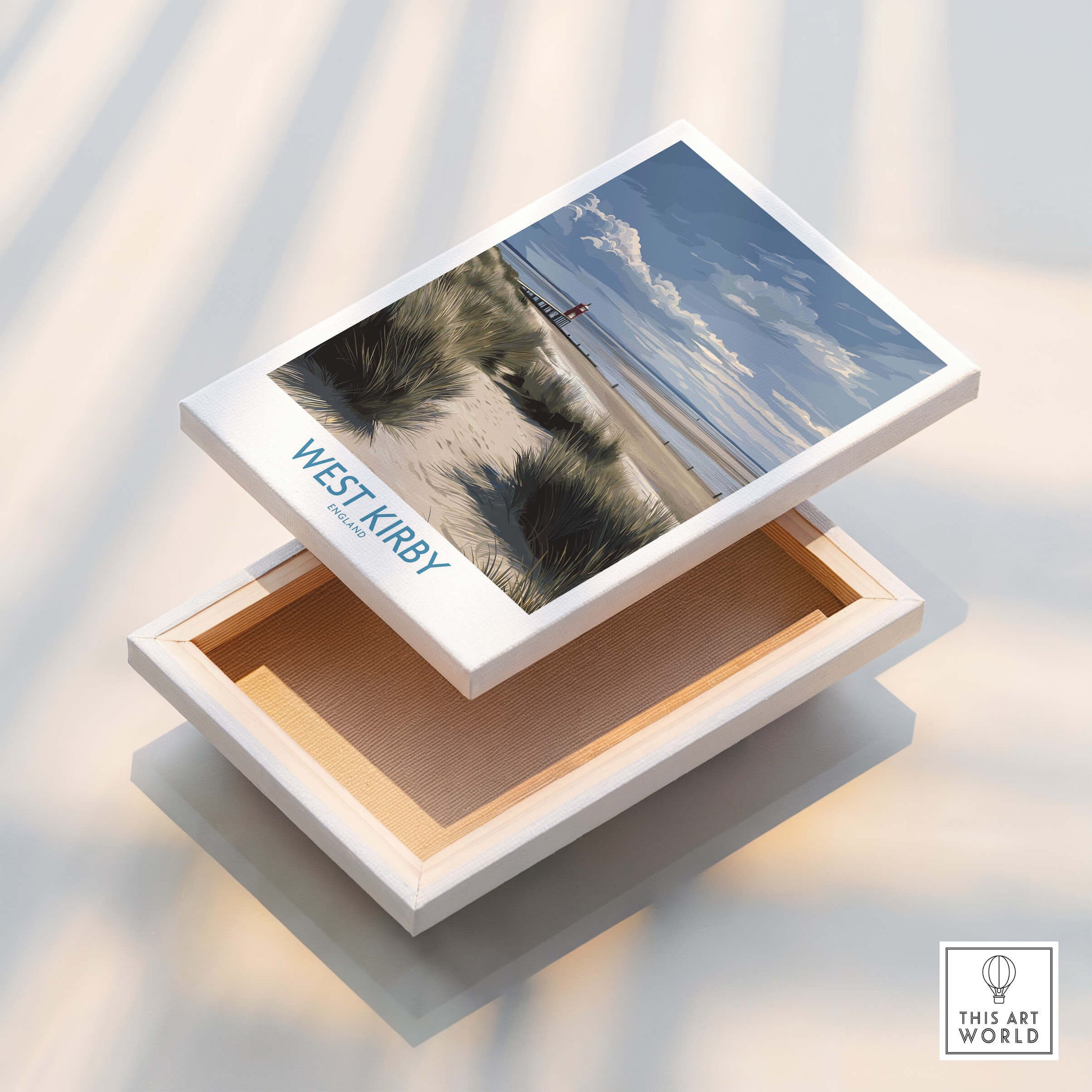 West Kirby England Poster | Coastal Sand Dunes Landscape Canvas Print displayed on an open box.