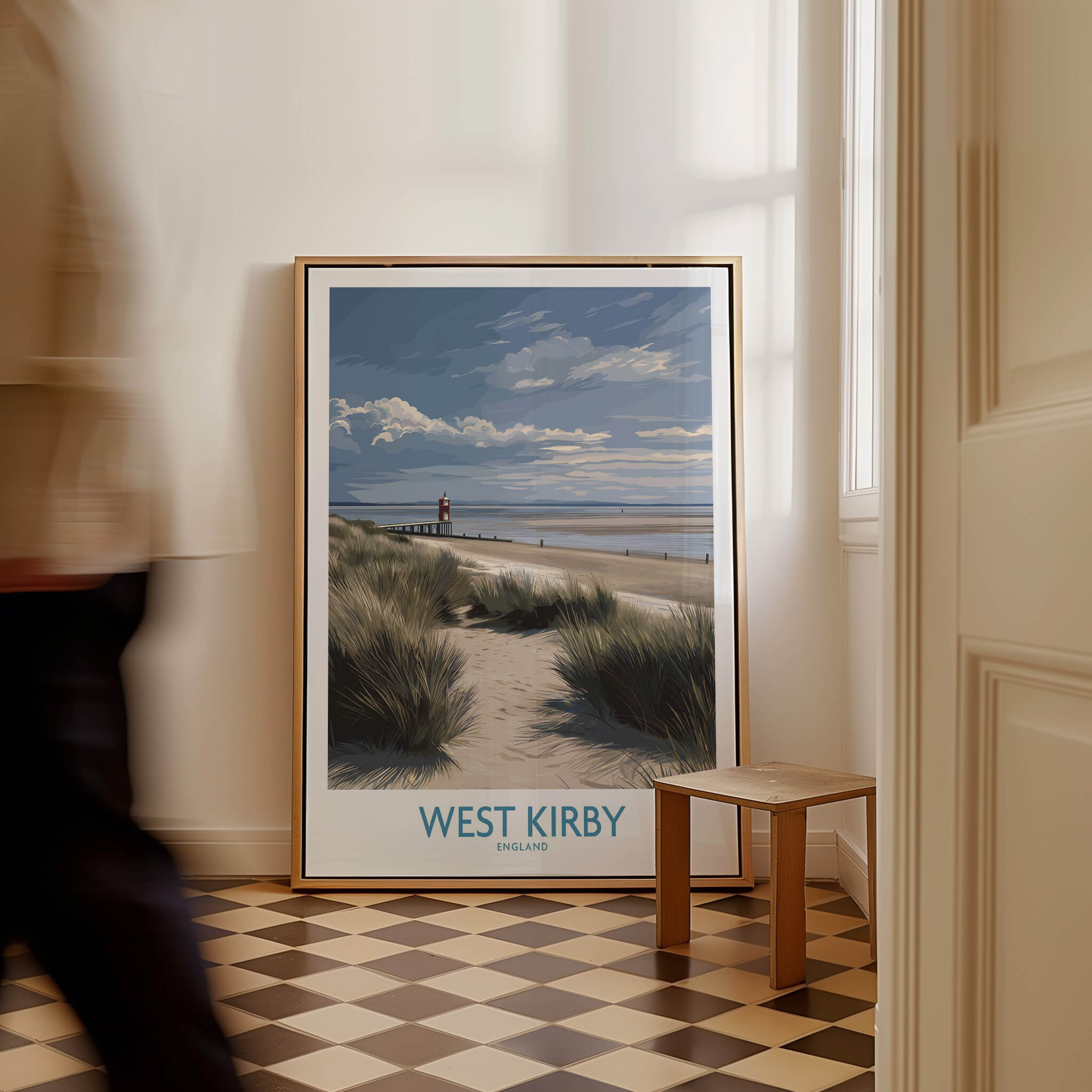 West Kirby England Poster | Coastal Sand Dunes Landscape Canvas Print displayed in a stylish interior setting.