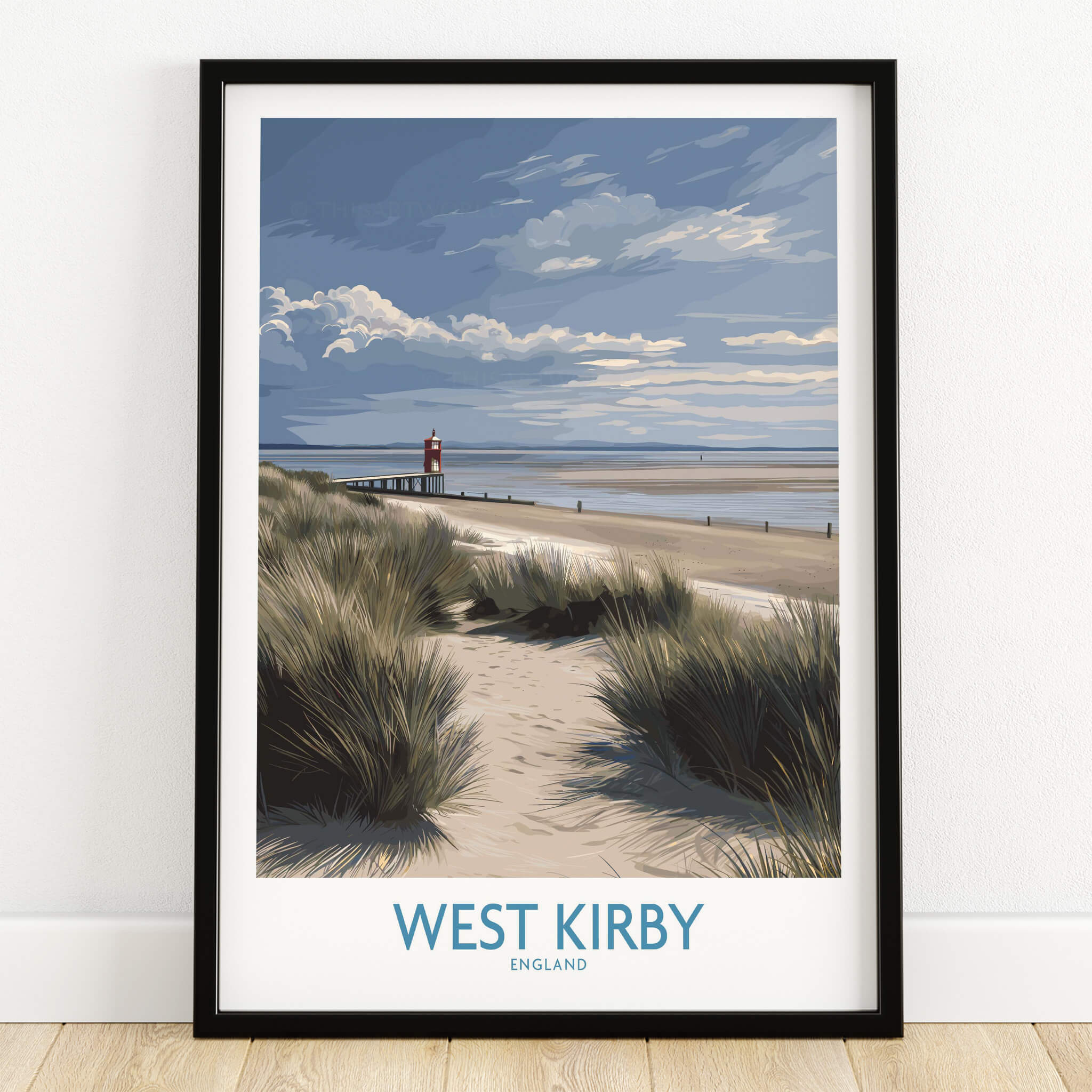 West Kirby England Poster | Coastal Sand Dunes Landscape Canvas Print showcasing sandy path and lighthouse near beach.