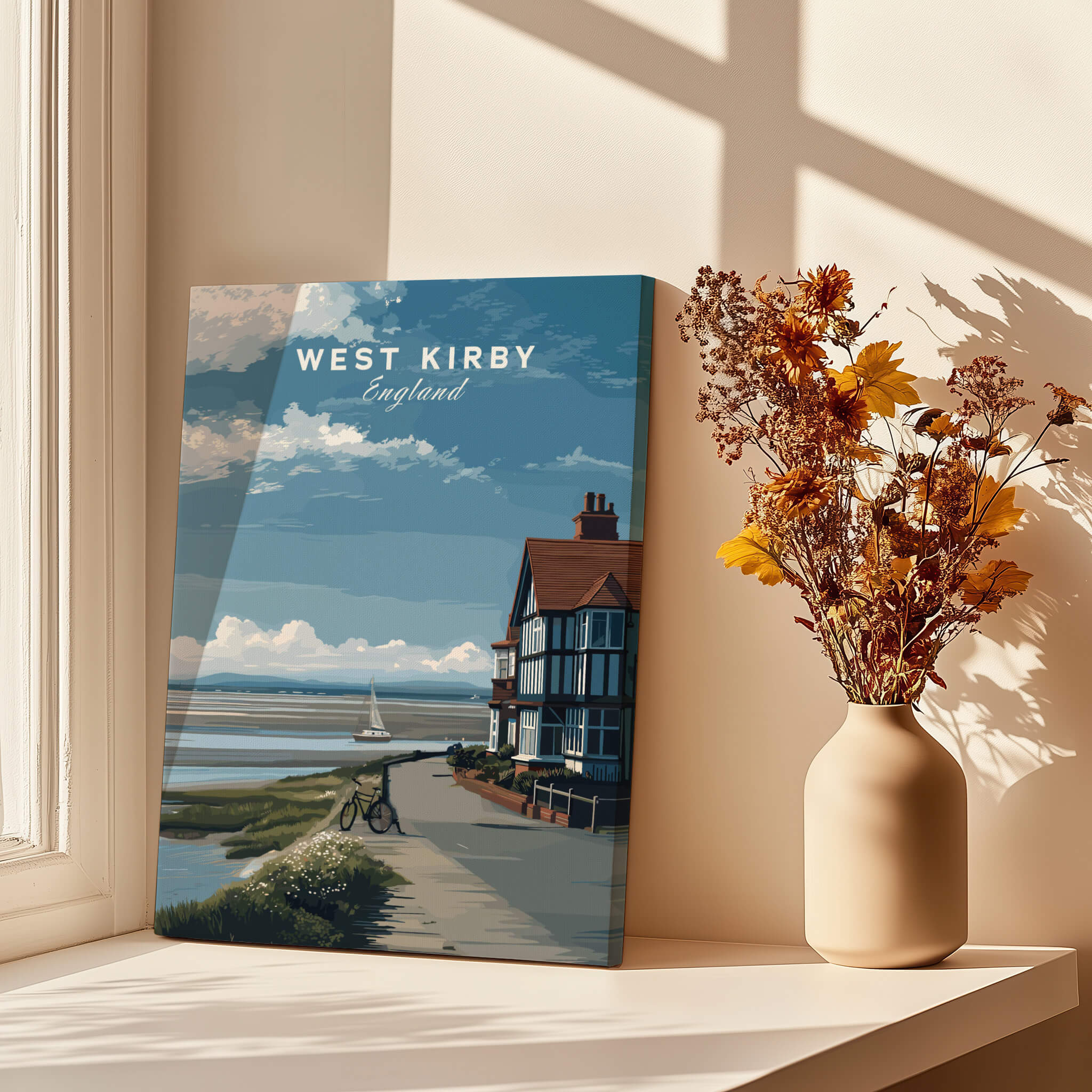 West Kirby Print England Travel Poster displayed in a sunlit room with flowers, showcasing coastal beauty of Wirral.