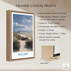 West Kirby England Poster | Coastal Sand Dunes Landscape Canvas Print framed in a wooden float frame with a white border.