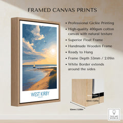 West Kirby England Canvas Print | Serene Coastline Sailboat Scene Poster – framed giclée print with wooden float frame.