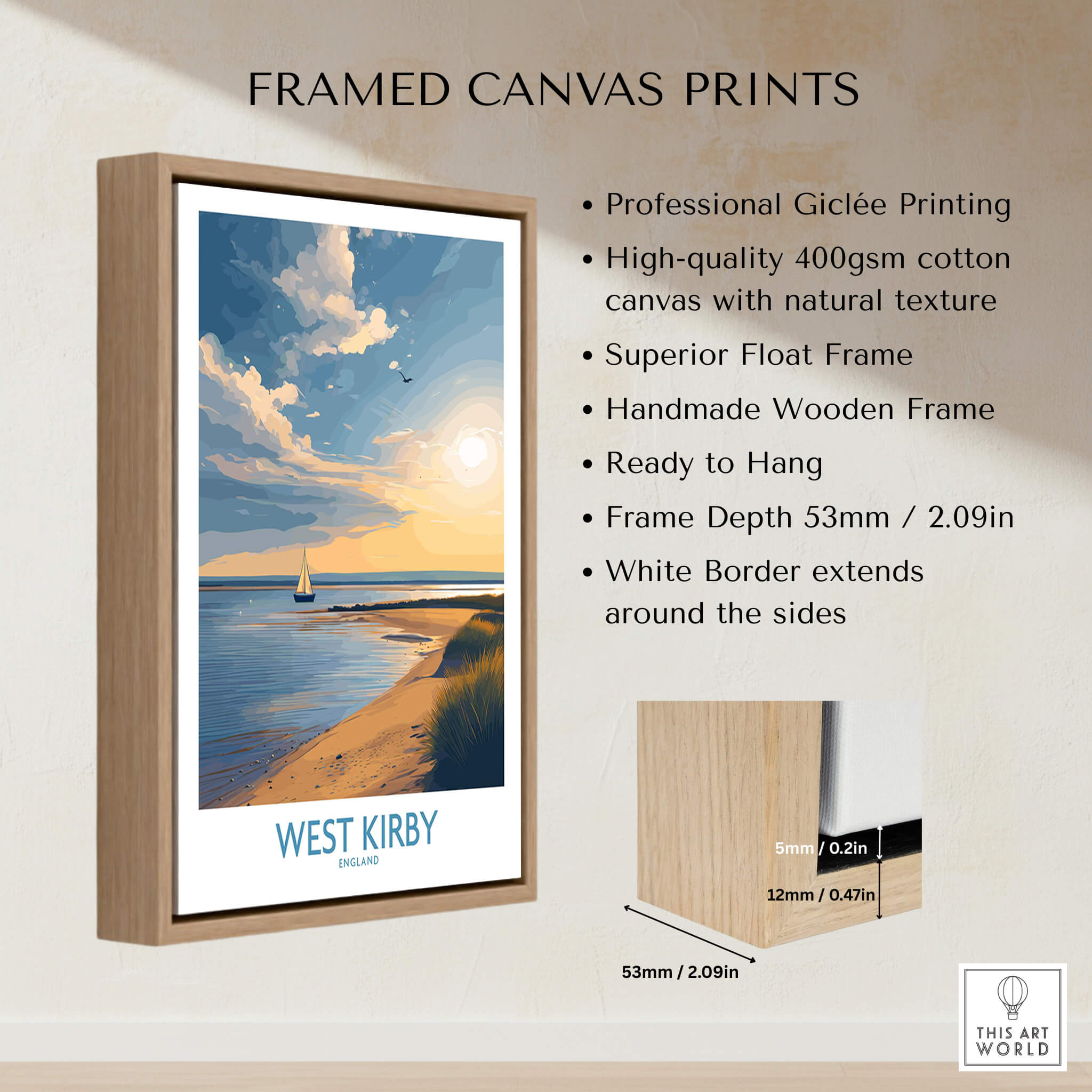 West Kirby England Canvas Print | Serene Coastline Sailboat Scene Poster – framed giclée print with wooden float frame.