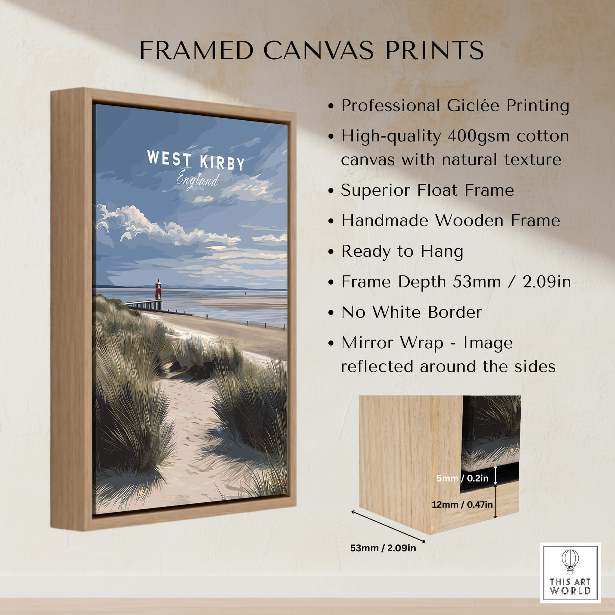 West Kirby England Wall Art Print | Travel Poster featuring framed canvas print details and scenic seaside view.