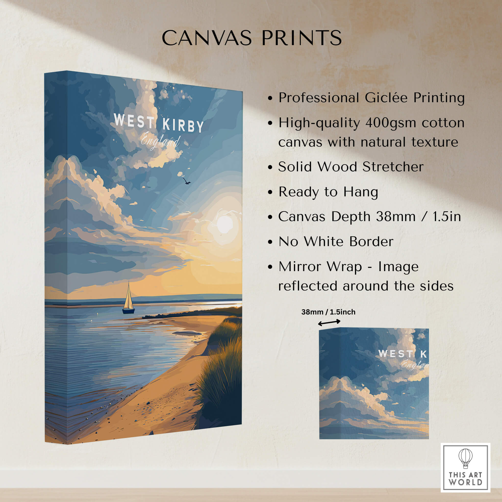 West Kirby England Travel Poster | Golden Sunset Beach Wall Art Print on high-quality canvas with natural texture.