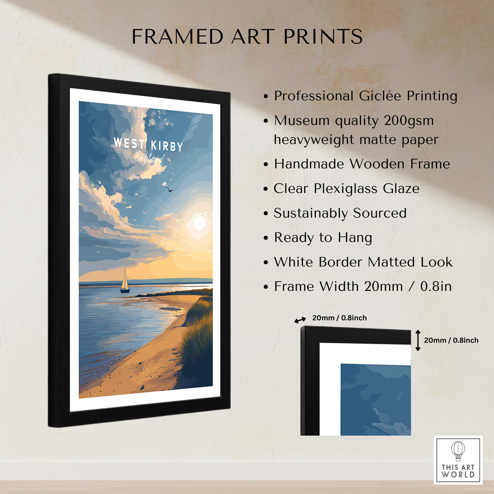 West Kirby England Travel Poster | Golden Sunset Beach Wall Art Print displayed in a handcrafted frame.