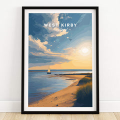 West Kirby England Travel Poster | Golden Sunset Beach Wall Art Print showcasing serene beaches at golden hour.