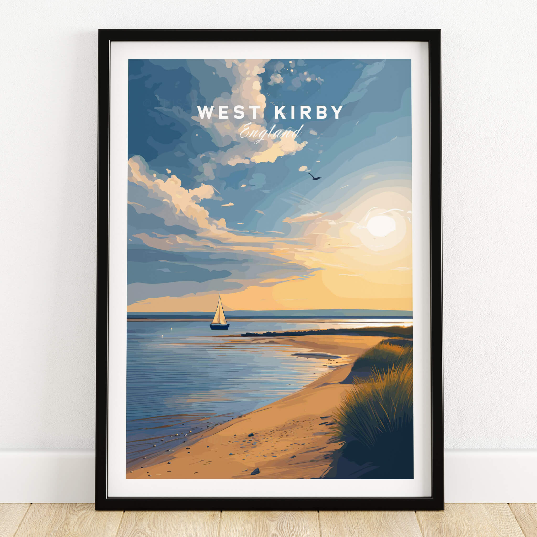 West Kirby England Travel Poster | Golden Sunset Beach Wall Art Print showcasing serene beaches at golden hour.