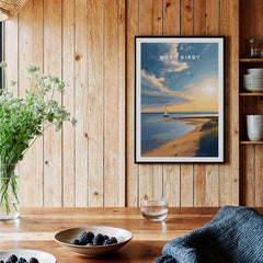 West Kirby England Travel Poster | Golden Sunset Beach Wall Art Print displayed in a cozy wooden interior setting.