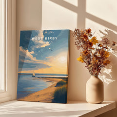 West Kirby England Travel Poster | Golden Sunset Beach Wall Art Print displayed in a sunlit room with flowers.