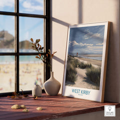 West Kirby England Poster | Coastal Sand Dunes Landscape Canvas Print displayed on a window sill with beach view.