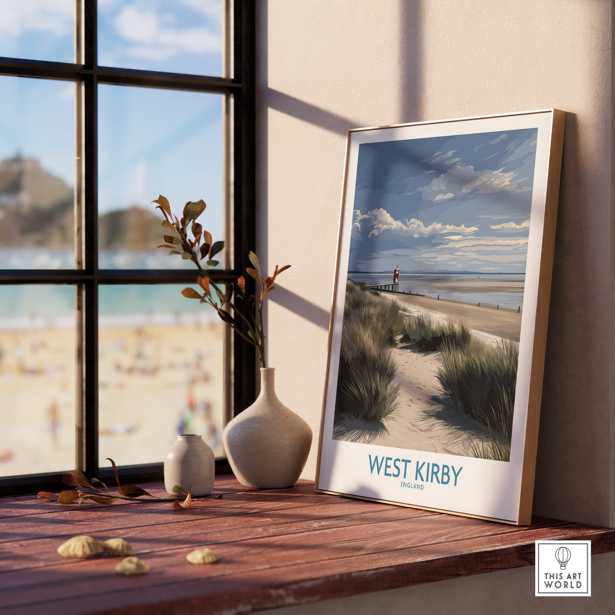 West Kirby England Poster | Coastal Sand Dunes Landscape Canvas Print displayed on a window sill with beach view.
