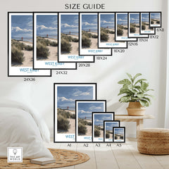 West Kirby England Poster | Coastal Sand Dunes Landscape Canvas Print size guide display in various frame sizes.