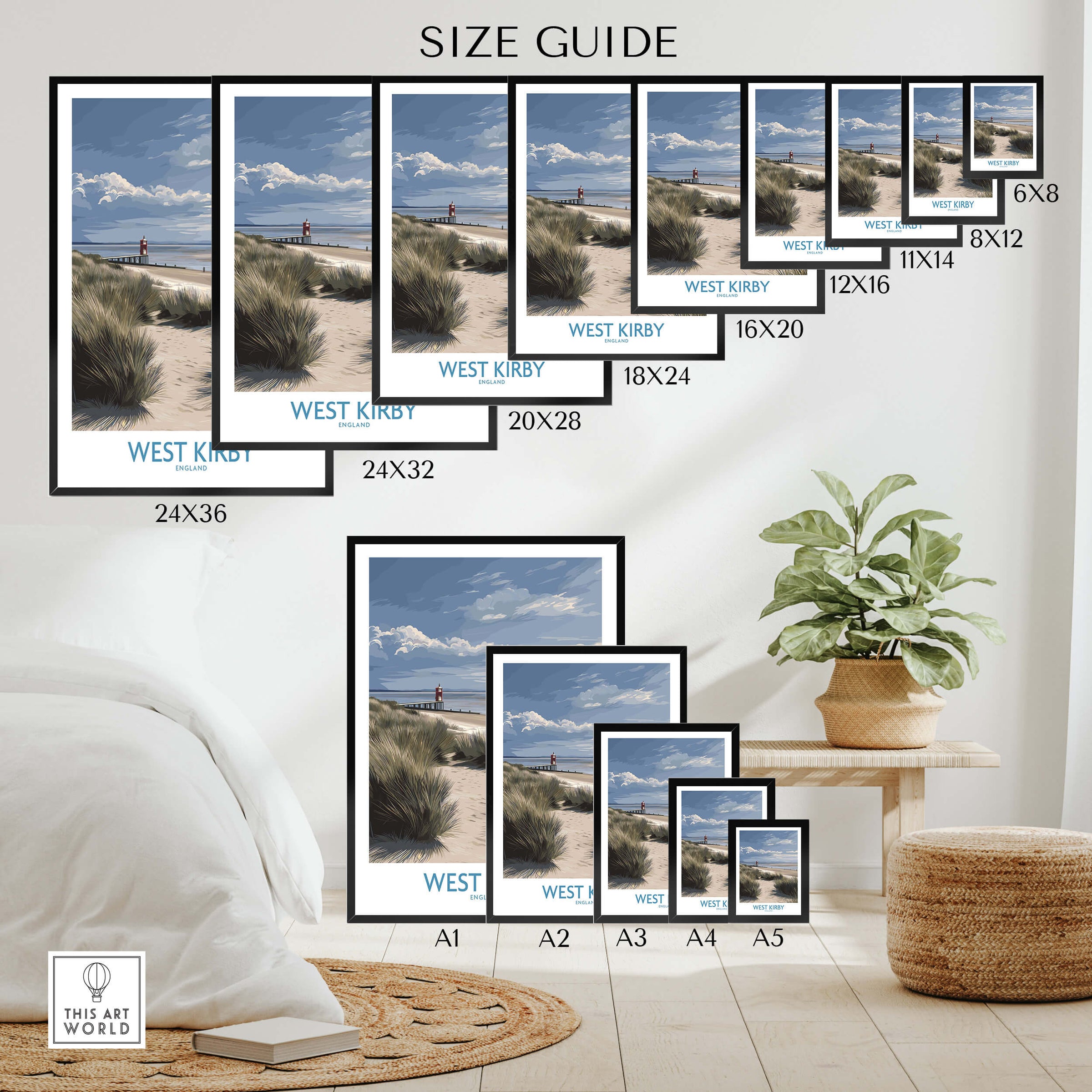 West Kirby England Poster | Coastal Sand Dunes Landscape Canvas Print size guide display in various frame sizes.