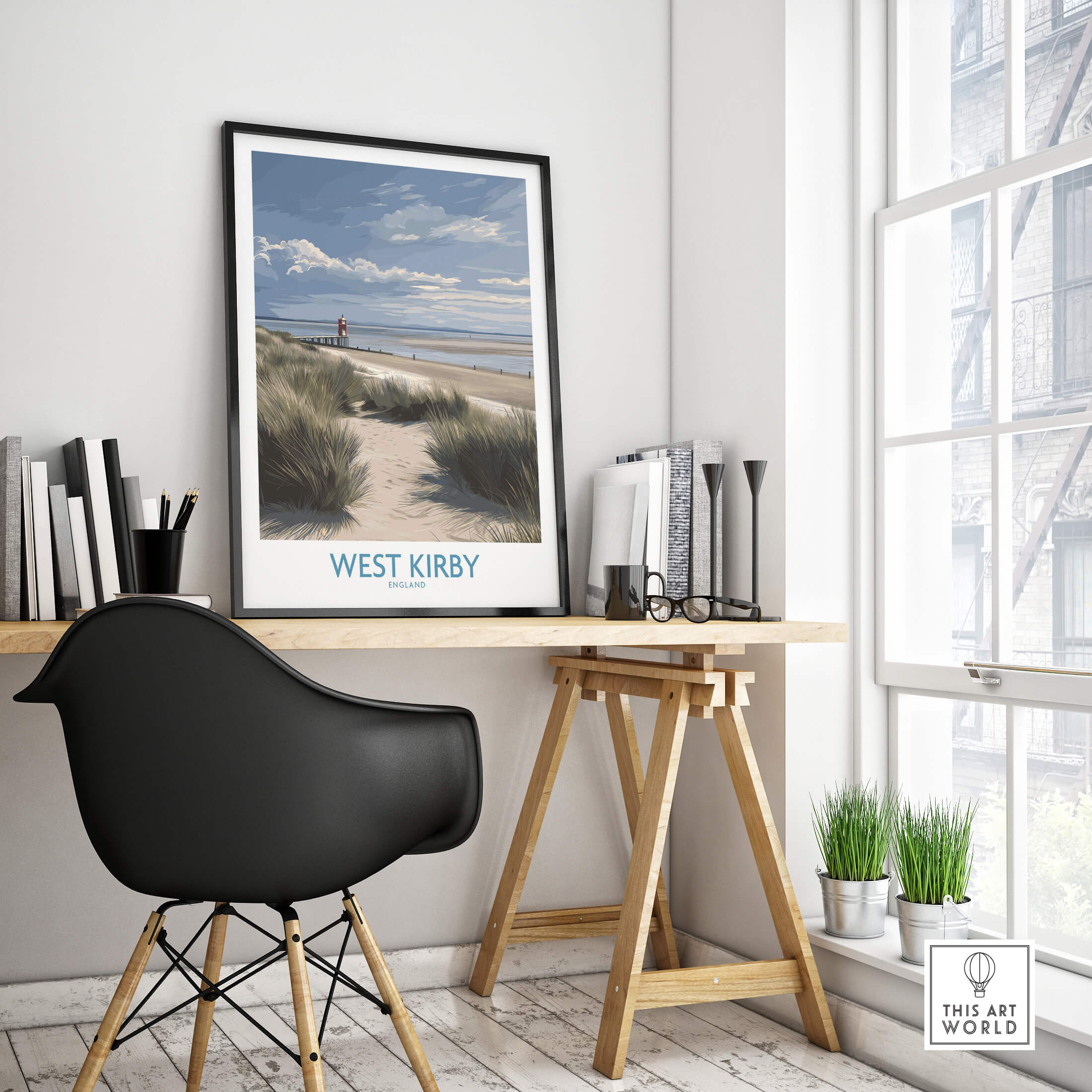 West Kirby England Poster | Coastal Sand Dunes Landscape Canvas Print displayed in a stylish interior office.